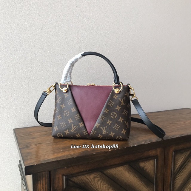 路易威登LV女包 LV老花配皮女士手袋 V TOTE BB老花單肩手提包 M43966 紫色 xxlv1068